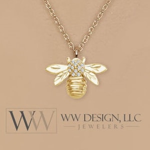 Bumble Bee Diamond 0.03 ctw Pendant Necklace 14k Solid Gold, 14k Rose Gold, 14k White Gold Christmas 12.2mm x 8.4mm Honey Bee Diamond charm