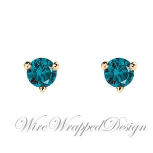 PAIR Genuine Teal BLUE DIAMOND Earrings Studs 2.5mm 0.12tcw Martini 14k Solid Gold (Yellow, Rose, White) Platinum Silver Cartilage Helix