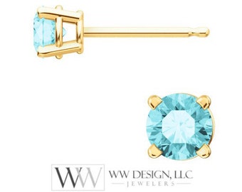 Blue Zircon Earring Studs 4mm 0.8 ctw (each 0.4cts) Post w/ 14k Solid Gold (Yellow, Rose, White)Silver, Platinum Studs December Birthstone