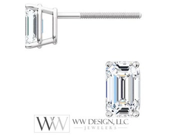 DIAMOND Earring Studs Emerald Cut 4.5 x 3mm 0.66 ctw (each 0.33cts) Genuine GHI VS Post w 14k Solid Gold (Yellow Rose White) Silver Platinum
