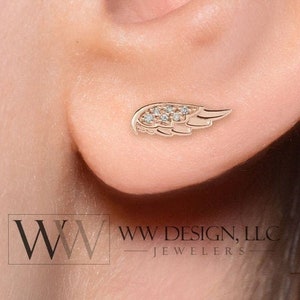 Angel Wing Diamond 0.03 ctw Stud Earrings -Platinum, 14k Solid Gold, 14k Rose Gold, 14k White Gold, Sterling Silver Christmas 10.6mm x 3.6mm