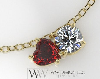 Genuine Diamond & Ruby Moi Et Toi 3mm Heart Round Necklace F+ VS 14k Gold (Y,W,R) July April Birthstone