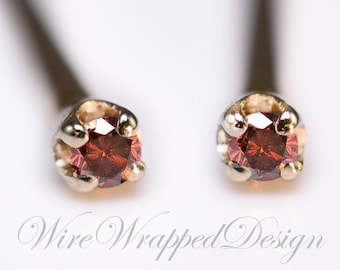 Genuine RED DIAMOND Earring Studs 1.3mm 0.02tcw Post 14k Solid Gold (Yellow, Rose or White), Platinum, Silver Lobe Cartilage Helix Tragus
