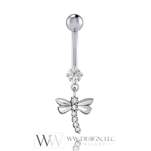 Dragonfly Diamond Belly Ring Barbell Genuine 0.14ctw Dangle Navel Ring CURVED Bar 14k Yellow White Rose Gold 14ga 16ga 18ga Eyebrow Jewerly