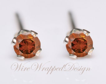 Genuine Dark ORANGE DIAMOND Earring Studs 2mm 0.08tcw Post 14k Solid Gold (Yellow, Rose,White), Platinum, Silver Lobe Cartilage Helix Tragus