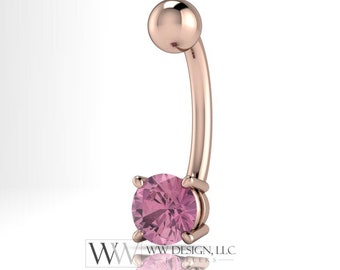 Pink SAPPHIRE Genuine Round 5mm 0.6 ct Belly Navel Ring Curved Barbell 14k Gold (Yellow, White, Rose) 14 ga SEPTEMBER Birthstone Gift