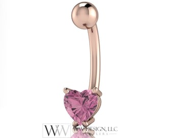 Pink SAPPHIRE Genuine Heart 5x5mm 0.65 ct Belly Navel Ring Curved Barbell 14k Gold (Yellow, White, Rose) 14 ga SEPTEMBER Birthstone Gift