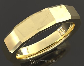5mm Faceted Ring Wedding Band Unisex Men Woman 10k 14k 18k 22k Gold Platinum Palladium Sterling Silver Shiny Minimalist Nut