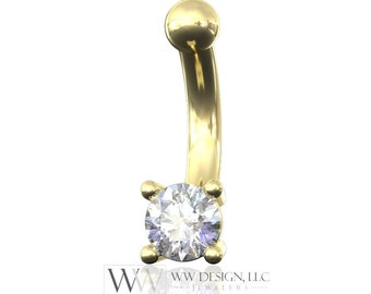 Moissanite Genuine 4mm Belly Navel Ring CURVED Barbell Genuine 14k Gold (Yellow, White, or Rose) 14g, 16g, 18g Body Jewelry Eyebrow