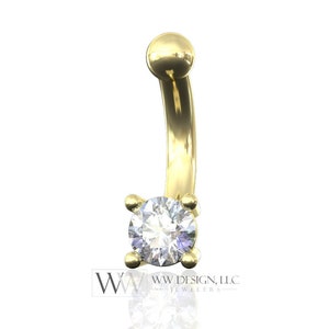 Moissanite Genuine 4mm Belly Navel Ring CURVED Barbell Genuine 14k Gold (Yellow, White, or Rose) 14g, 16g, 18g Body Jewelry Eyebrow
