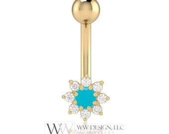 Diamond & Turquoise Flower Belly Ring CURVED Barbell Genuine 0.07ctw Navel Ring Barbell 14k White SOLID Gold 14ga 16ga 18ga Eyebrow jewelry