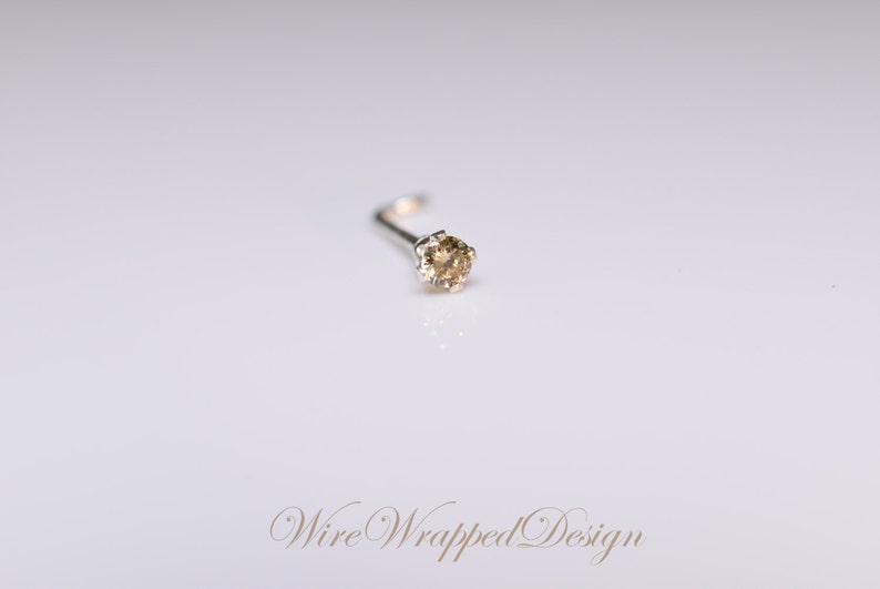 May include: A silver nose ring with a small, clear, round gemstone.