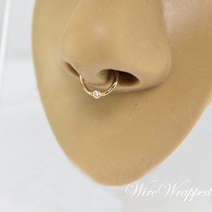 DIAMOND Septum Nose Ring Hoop 18 gauge 14k SOLID Gold Organic Shape 14k Yellow Gold Earring Helix Tragus Septum Cartilage 18ga Sparkle