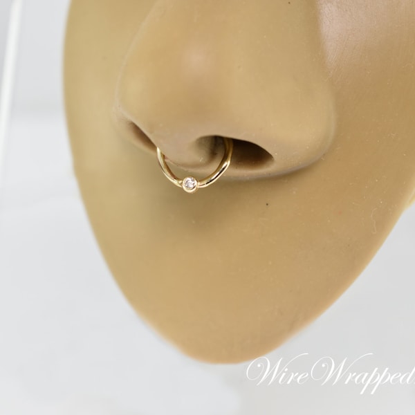 DIAMOND Septum Nose Ring Hoop 18 gauge 14k SOLID Gold Organic Shape 14k Yellow Gold Earring Helix Tragus Septum Cartilage 18ga Sparkle