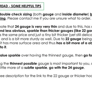 May include: Text explaining the difference between 22 gauge and 24 gauge jewelry. 22 gauge is slightly thicker and has a more obvious sparkle. 24 gauge is thinner and has a more subtle sparkle.  The text also mentions that 22 gauge is the same price as 24 gauge.