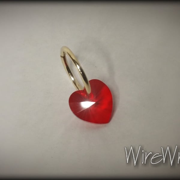 Valentines Belly Hoop made with Swarovski Red Crystal Heart - Navel VARIETY 16 gauge 14k Yellow, Rose,White Gold / Silver