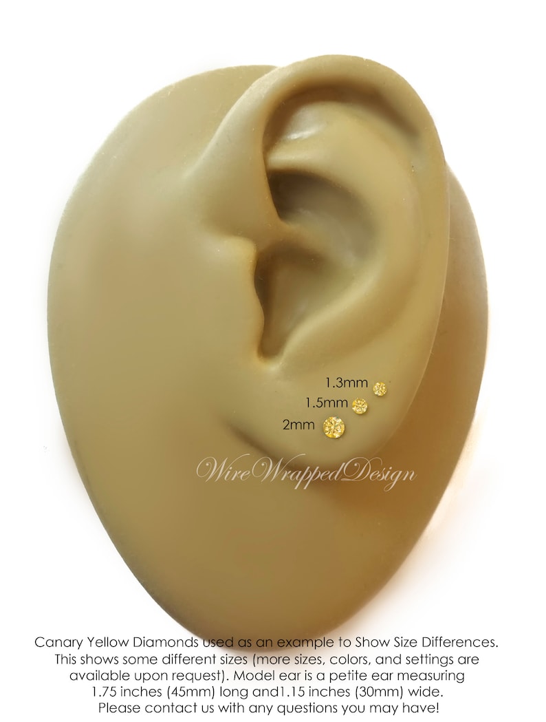 SALE! Genuine Canary Yellow DIAMOND Earring Studs 1.5mm 0.03tcw Post 14k Solid Gold (Yellow, or White), Platinum, Silver Lobe Cartilage image 5