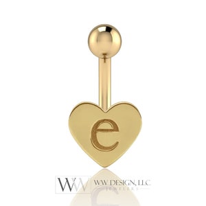 14k Gold Engravable Heart Belly Navel Ring CURVED Barbell Genuine 14k Gold (y w r) 14g, 16g 18g Body Jewelry Eyebrow Initial Letter Monogram