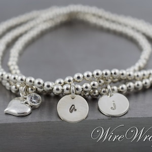 Sterling Silver Initial Bracelet - Stamped Initial Beaded Bracelet 3 Strand w/ Heart & CZ - CUSTOMIZE - Stretchy Initial Bracelet- Valentine