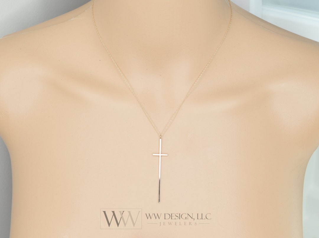 Minimalist Long CROSS Necklace Customize Thin 14k Solid Gold Y, W, R