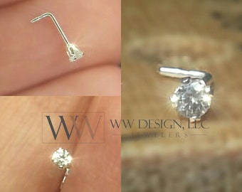 Nose Ring Stud Post made with 2mm Swarovski Crystal Sterling Silver or 14k Yellow, White, or Rose Gold L-Post White Clear Sparkly Crystal CZ