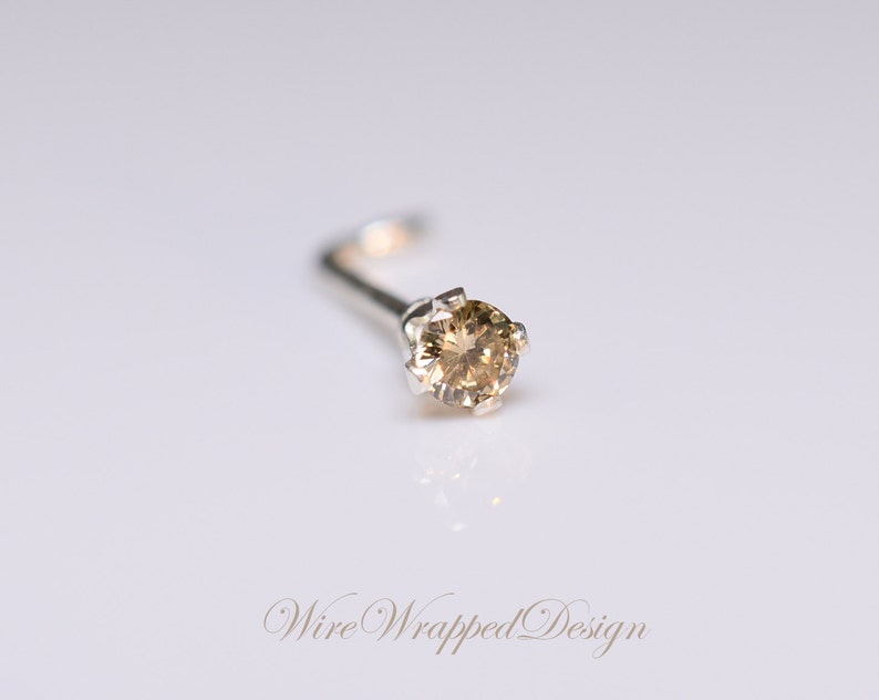 May include: A silver nose ring with a clear, round gemstone.