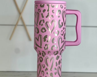 40oz Tumbler Laser Engraved Leopard Hearts, Pink