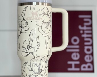 40oz Laser Engraved Tumbler Floral, Cream