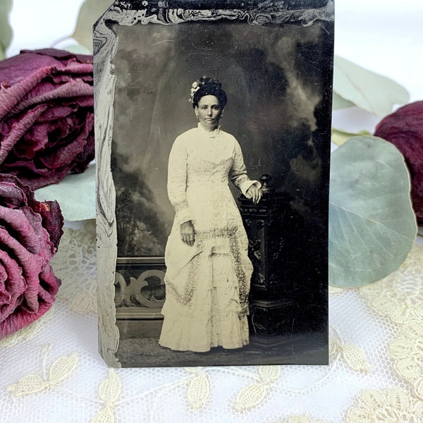 Ferrotype of Woman in White Dress, Antique 1800's Photograph, Old Photography, Victorian Era Tintype Photo, Gothic Home Decor, Metal Photo