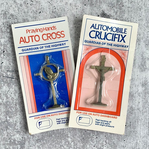 Vintage Guardian of The Highway Dashboard Car Crucifix, Miniature Auto Cross with Praying Hands, New Old Stock