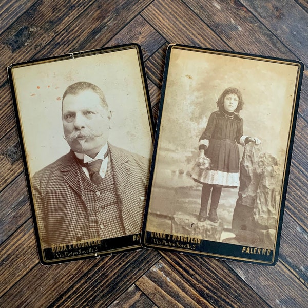 Italian Cabinet Card Photo Set, Palermo Italy Victorian Era Photograph Lot, Man with Handlebar Mustache and Young Girl Holding Flowers