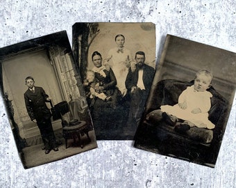 Antique Tintype Photo Lot, Set of Three Victorian Photographs, Vintage Ephemera, Gothic Home Decor