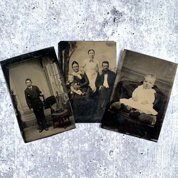 Antique Tintype Photo Lot, Set of Three Victorian Photographs, Vintage Ephemera, Gothic Home Decor