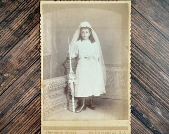 First Communion Cabinet Card Photo, Catholic Girl Portrait from New Orleans, Antique Religious Photograph, Victorian Photography