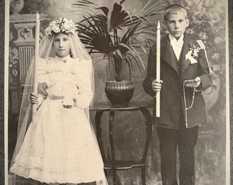 First Communion Cabinet Card Photo, Catholic Girl and Boy Portrait from Chicago, Antique Religious Photograph, Victorian Photography