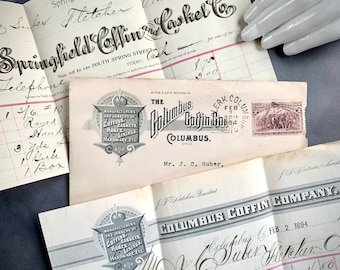 May include: A vintage receipt from The Columbus Coffin Co. in Columbus, Ohio, dated 2nd February 1894. The receipt is for a casket sold to Mr. J. C. Suber. The company's name is written in a decorative script font.