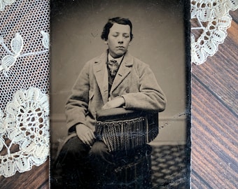 Antique Tintype Photo of Sad Victorian Boy: 19th Century Ferrotype Photograph, Antique Photography
