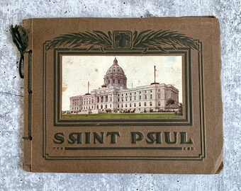 Antique Souvenir Photo Book, 1920's Saint Paul Minnesota Tourist Booklet Filled with Color Photographs, Vintage Midwest Travel Ephemera