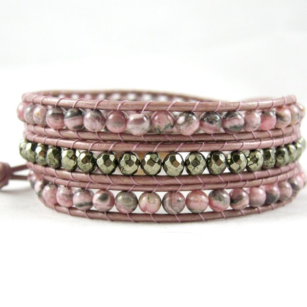 Pyrite Bracelet, Pink Wrap Bracelet, Pyrite Jewelry, Pink Bracelet, Rhodochrosite Jewelry