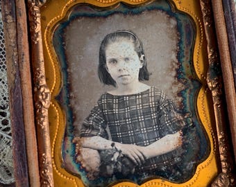 Daguerreotype Photo of Victorian Girl in Paid Dress: Antique 19th Century Photograph in Case