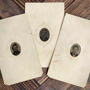 Antique Gem Tintype Photos on Embossed Cards, Victorian Calling Card, 19th Century Miniature Photography, Victoriana Collectibles