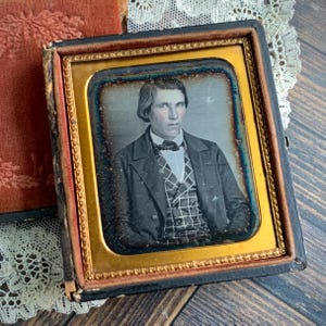 Daguerreotype Portrait of Victorian Man in Checkered Vest, Antique Photo in Case, Old Framed Photograph