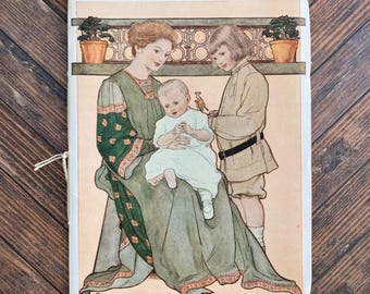 May include: A vintage-style illustration on a rectangular print featuring a person in a long green dress holding a baby in a white gown, while a child in a tan tunic stands beside them. Two potted plants sit on a shelf in the background.