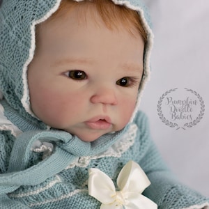 May include: A baby doll wearing a light blue knitted outfit with a matching bonnet. The bonnet and outfit are trimmed with white lace. A large white bow adorns the front of the outfit. The doll has brown eyes and reddish-blonde hair. The text "Pumpkin Doodle Babies" is visible.