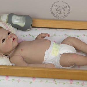May include: A realistic baby doll with red hair lies in a wooden crib. The doll wears a diaper and rests on a floral-patterned blanket. A gray baby bottle is nearby. The image includes the text "Pumpkin Doodle Babies."