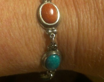 22 Grams Unisex Coleman 8 Sterling Silver Mixed Stone Oval Link Bracelet