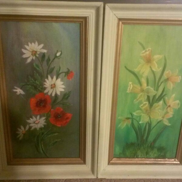 Two Original Vintage Flower Paintings Framed Handmade Poppies Daisies and Daffodils.