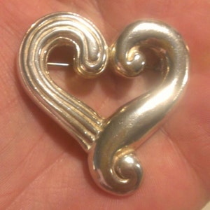 Solid Sterling Silver Large Handmade Scroll Heart Brooch