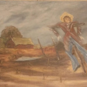 Old Scarecrow In Dormant Corn Field Original Painting on Board Signed