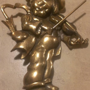 Large Antique Brass Little Boy Playing his violin Brooch
